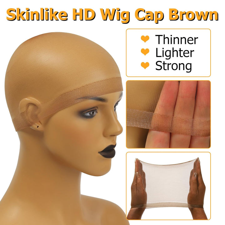 Dark Brown Skinlike HD Wig Cap for Women, 4 Pieces Invisible Ultra-Thin Stretchy Stocking Caps for Lace Front Wigs