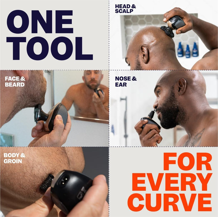 Flexseries Electric Head & Body Hair Shaver - Mens Cordless Rechargeable Wet/Dry Skull Bald Head Back & Groin Waterproof Razor with Rotary Blades, Clippers, Nose Trimmer, Brush, Massager