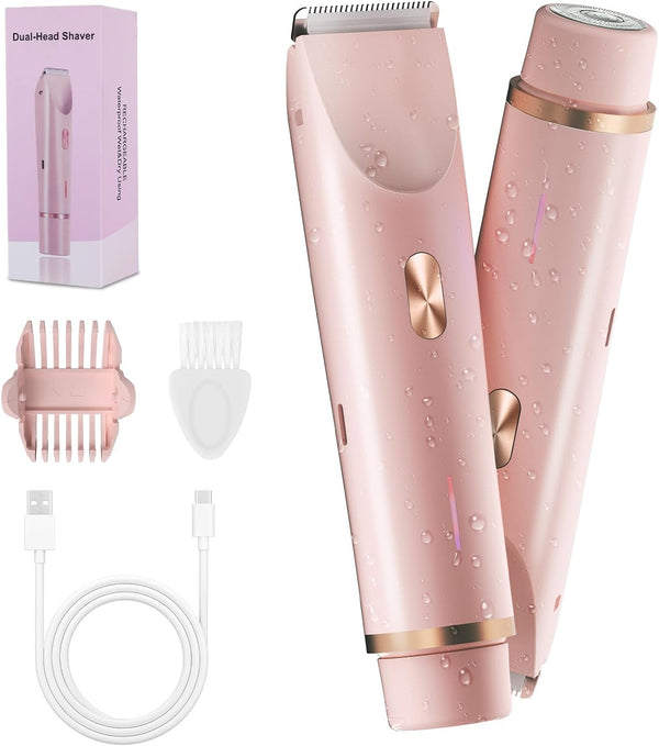 2-In-1 Bikini Trimmer for Women, Bikini Shaver with Dual Heads, Painless Body and Facial Hair Removal, Rechargeable Cordless Electric Razors for Face Chin Pubic Underarm Legs, IPX7 Waterproof, Pink
