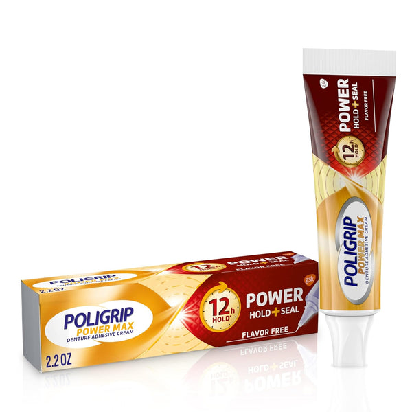 Power Max Power Hold plus Seal Denture Adhesive Cream, Denture Cream for Secure Hold and Food Seal, Flavor Free - 2.2 Oz