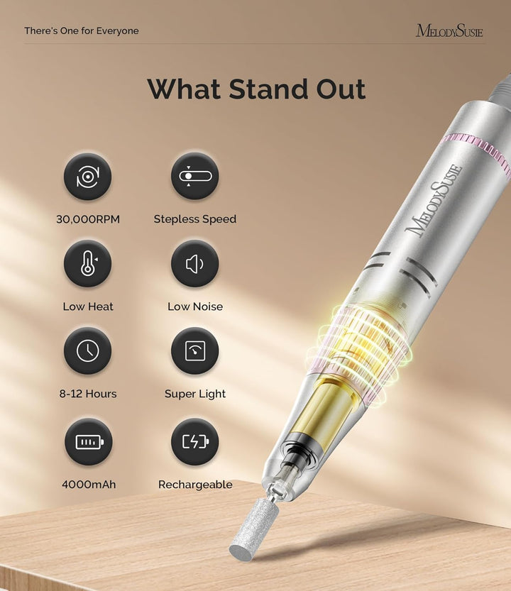 Portable Nail Drill 30000 RPM, SC320F Professional Rechargeable Electric Cordless Nail File for Acrylic Nails Gel Polishing Removing, Efile Nail Kit for Manicure Salon Home, Rose