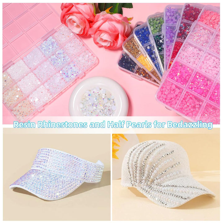 12000 Pcs White Flatback Pearls and Rhinestones for Crafting, 3-5 Mm Jelly Resin Rhinestones, Mixed Size Half Pearl Bedazzling Gems for Nail DIY Crafts Mugs Bottles Tumblers Clothes Makeup