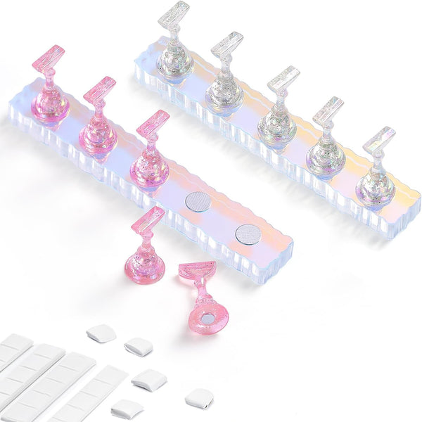 2 Set Nail Holder for Display Painting Nails - Aurora Acrylic Magnetic Practice Nail Stand Set - Fake Nail Holder for Press on Nails with Reusable Adhesive Putty (Aurora Pink)