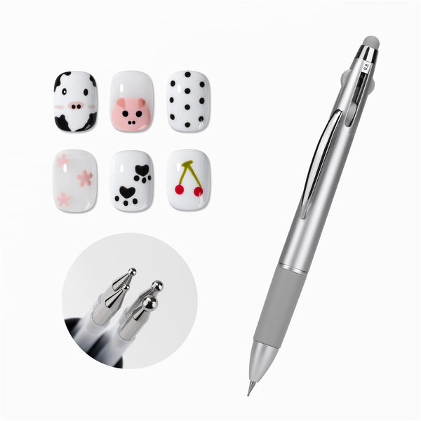 4-In-1 Nail Dotting Pen, Manicure Art Tools in Ballpoint Design with Size Marking and Pressing Head, Perfect for Painting, Sculpting, Rhinestones DIY and Salon, Silver