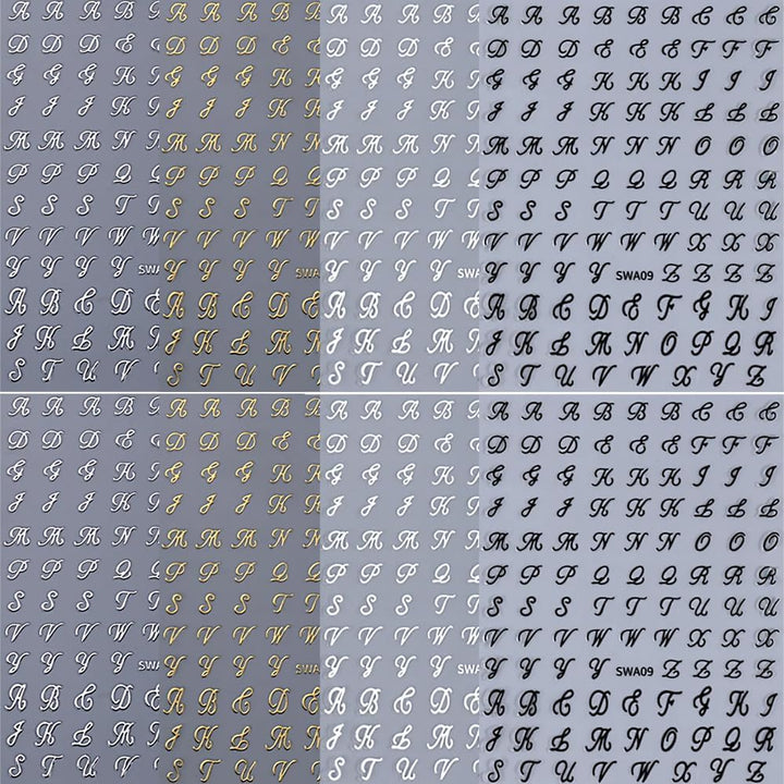 Letter Nail Stickers, 8 Sheets Old English Letter Nail Decals 3D Self-Adhesive Gold Silver Black White Retro English Pattern Old Alphabet Cursive Design Manicure Nail Accessories for Women Girls