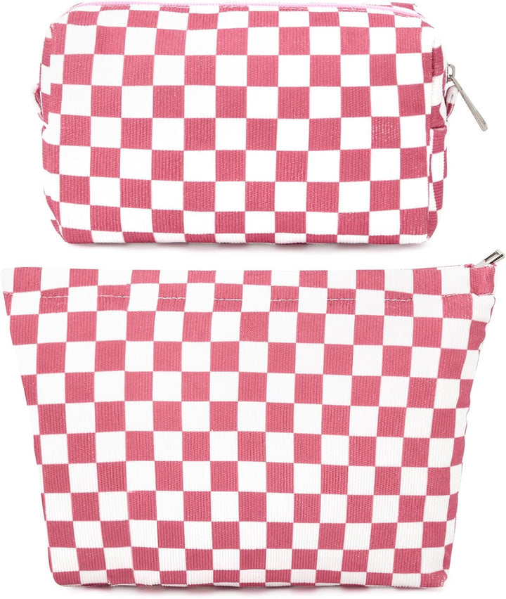 2 Pieces Makeup Bag Large Checkered Cosmetic Bag Capacity Canvas Mix Travel Toiletry Bag Organizer Cute Makeup Brushes Aesthetic Accessories Storage Bag for Women, Checkered Mix Rose Red