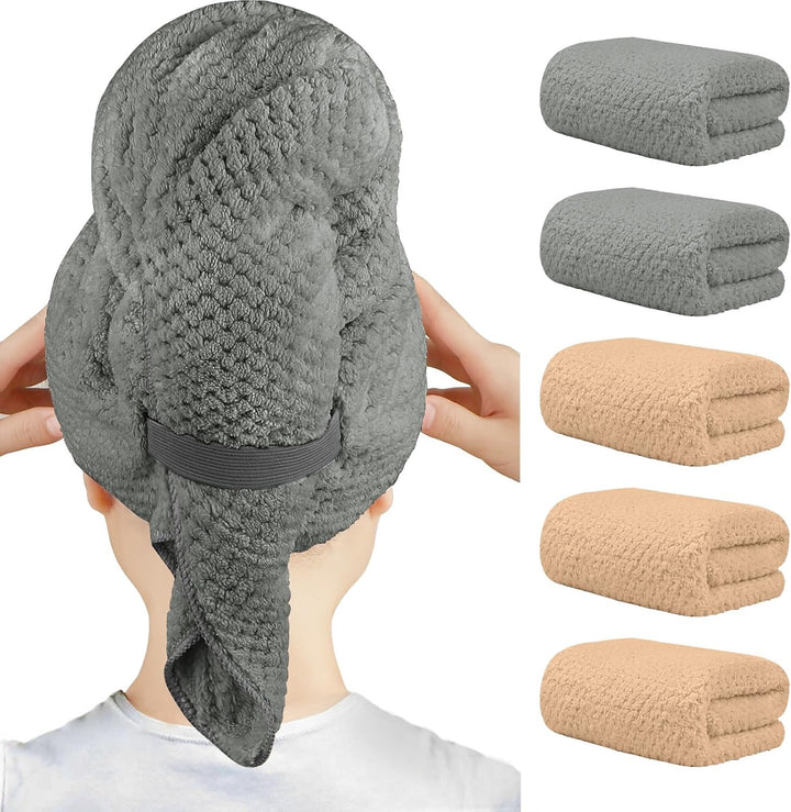 5 Pack Microfiber Hair Towels - 40 X 20 Inches Super Soft, Fast Drying Turbans for Long, Thick, Curly Hair - anti Frizz Wrap with Elastic Strap