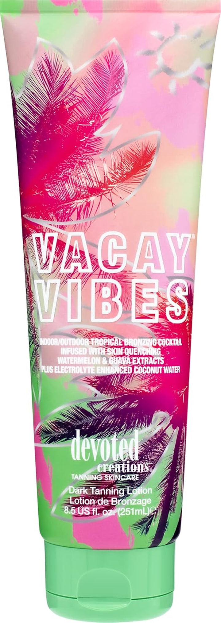 Vacay Vibes Tanning Lotion – Indoor/Outdoor Tropical Bronzing Cocktail Infused with Skin Quenching Watermelon and Guava Extracts, plus Electrolyte Enhanced Coconut Water – 8.5 Oz.