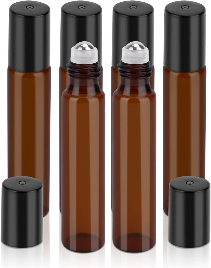 12 Pack Essential Oil Roller Bottles Stainless Steel, 10Ml Amber Glass Roller Bottles with Caps for Travel, Perfume and Lip Gloss