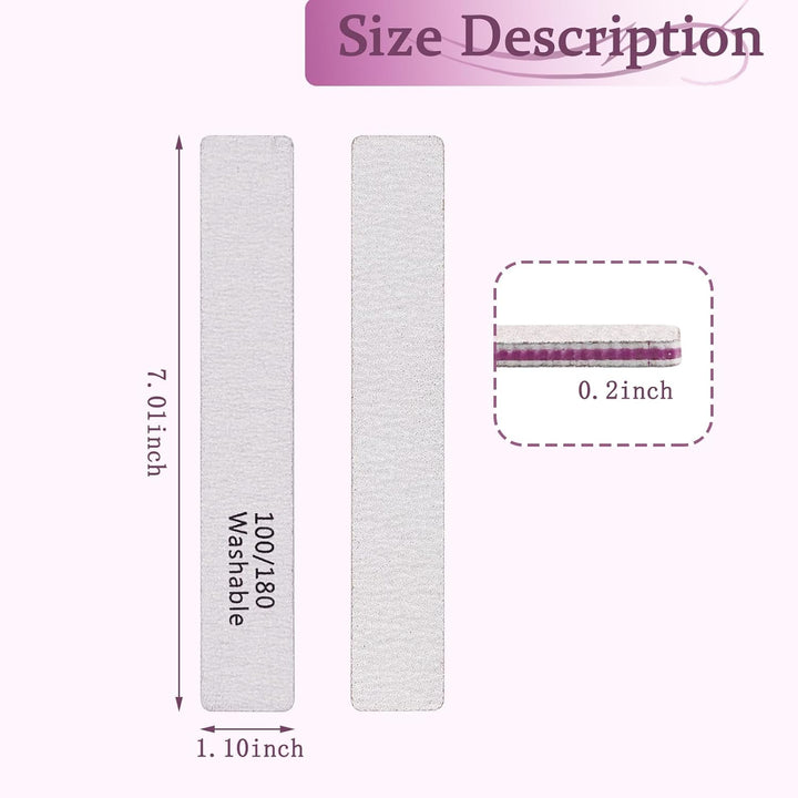 Nail File 12 PCS Professional Reusable 100/180 Grit Double Sides Washable Nail File Manicure Tools for Poly Nail Extension Gel and Acrylic Nails Tools Suit for Home Salon