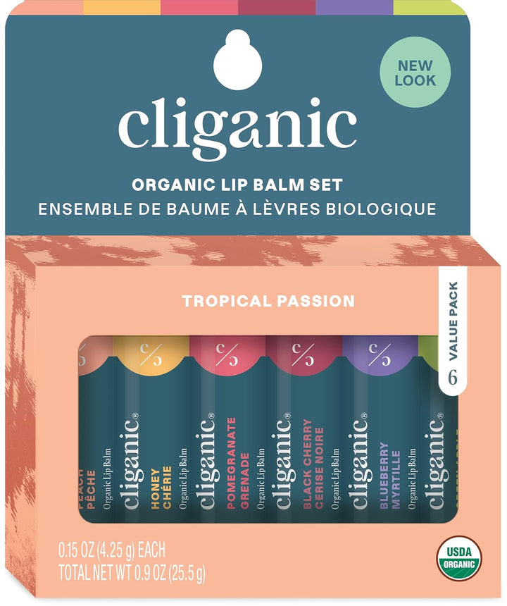 Organic Lip Balm Set (6 Flavors) - 100% Natural Hydrating, Moisturizing for Dry Cracked Lips, for Men & Women