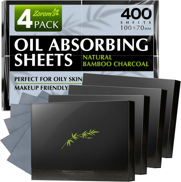 Natural Oil Blotting Sheets for Face with Bamboo Charcoal - 4Pk/400 Makeup Friendly Oil Absorbing Sheets for Face - Blotting Papers for Oily Skin