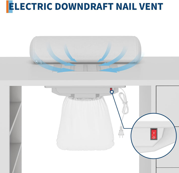 42'' Manicure Table for Nail Tech with Electric Dust Collector and Wrist Rest, Nail Desk with Vertical Pull-Out Locker, 1 Storage Cabinet, 2 Drawers, 4-Tiers Open Shelves, Beauty Salon Workstation