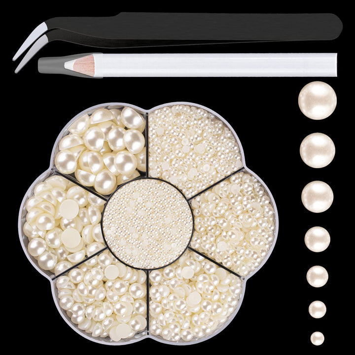 Nail Art Flat Back Half round Pearl Kits 3, Mixed Sizes 6000 Pcs White Small Pearls for Nails with Picking Tools for Graduation Cap Decorations Home DIY Body Face Craft Salon Use
