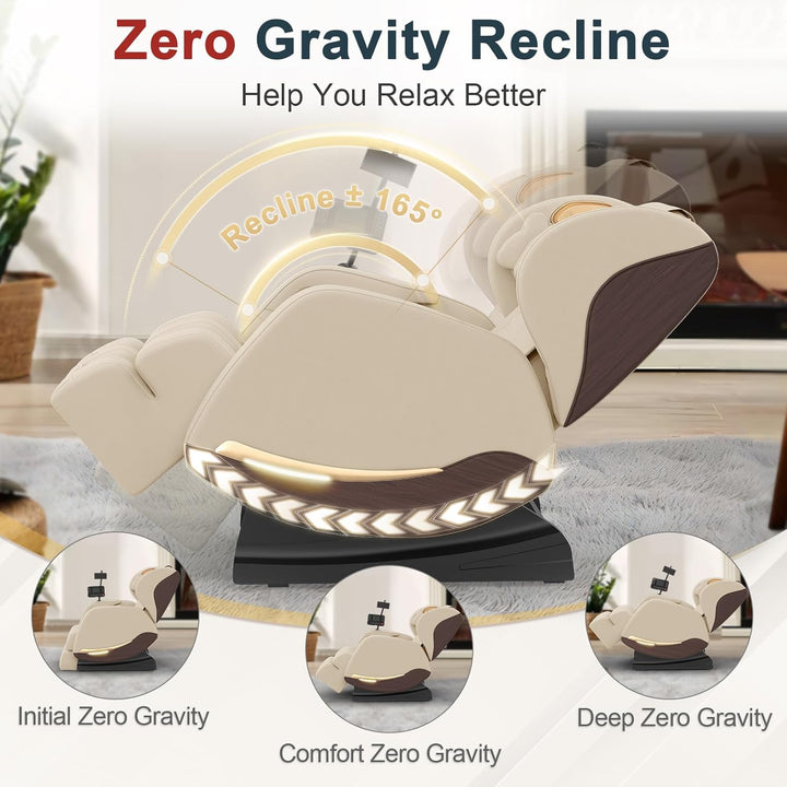 2025 Massage Chair, Massage Chairs Full Body and Recliner with 10 Fixed Points, Zero Gravity, Wood Grain Leather, Foot Massage, Airbags, Lumbar Heating, Bluetooth and Control Screen (Creamy White)