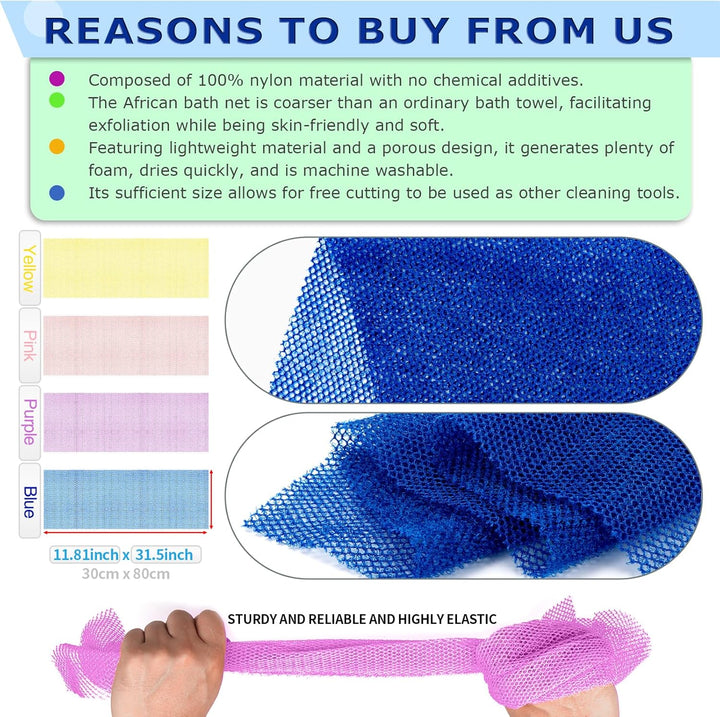 4 Pieces African Net Sponge – Premium African Net Sponge for Deep Exfoliation Quick-Dry and Reusable Mesh for Smooth Skin（Yellow Pink Purple Blue）