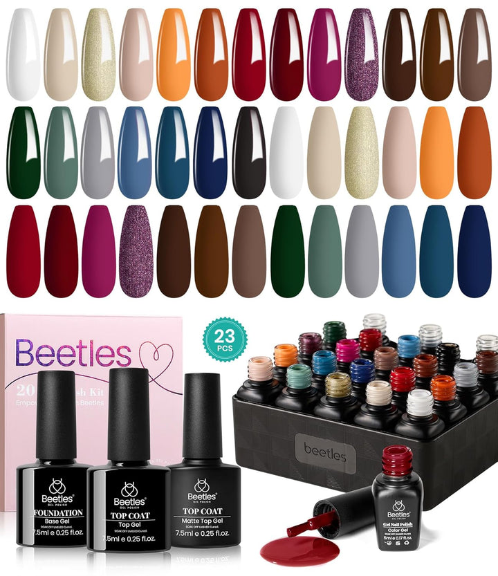 Beetles Gel Nail Polish Kit, 23Pcs Fall Nude Pink Brown Burgundy Red Gel Polish Set with Base Top Coat Verse of Roses Kit, Soak off Uv Gel Golden Glitter Holiday Nail for Women