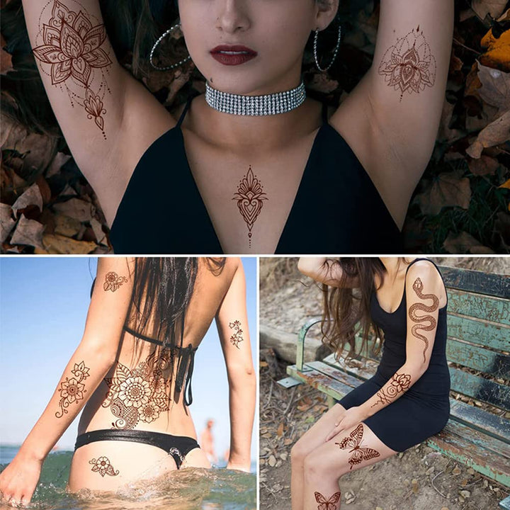 14 Sheets Henna Tattoos Temporary Stickers 10Pcs Brown Tattoo Templates Women Body Art Stickers for Wedding Party (Brown)