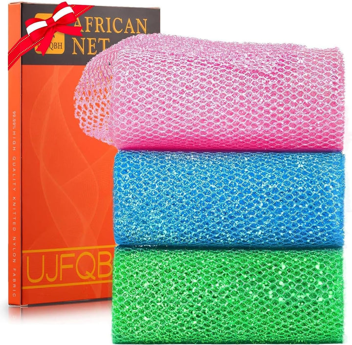 3 Pieces African Bath Sponge African Net Long Net Bath Sponge Exfoliating Shower Body Scrubber Back Scrubber Skin Smoother,Great for Daily Use (Pink,Yellow,Purple)