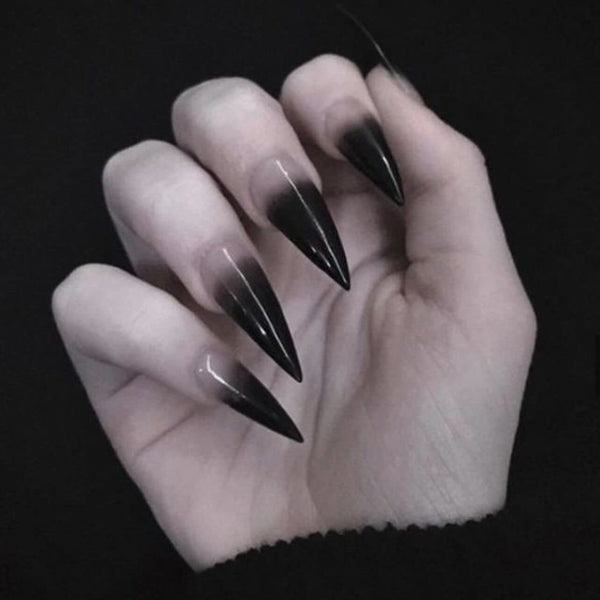 Stiletto Press on Nails Extra Long Fake Nails with Glue Glossy False Nails with Black Gradient Designs Full Cover Almond Acrylic Nail 24Pcs