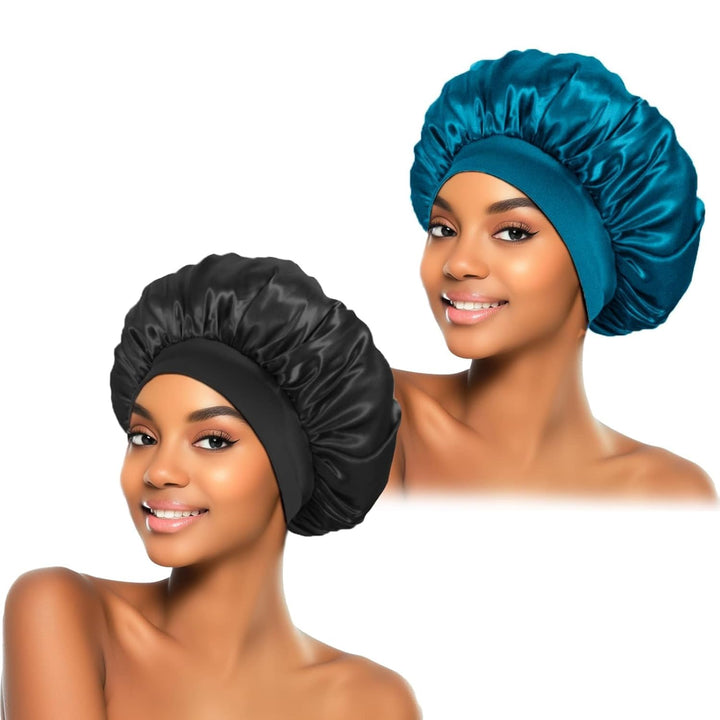 2Pcs Silk Bonnet for Sleeping, Satin Hair Bonnets, Soft Elastic Band Silk Sleep Cap, Hair Wrap for Women (Black Gold)