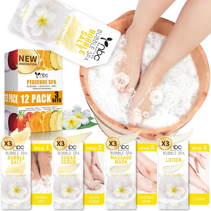 Pedicure Kit Foot Soak Set: Bubble Salt, Sugar Scrub, Massage Mask, Massage Lotion in a Box, 4 Step Foot Spa Kit for Dry Feet,Tired Feet（1 Set Lavender)