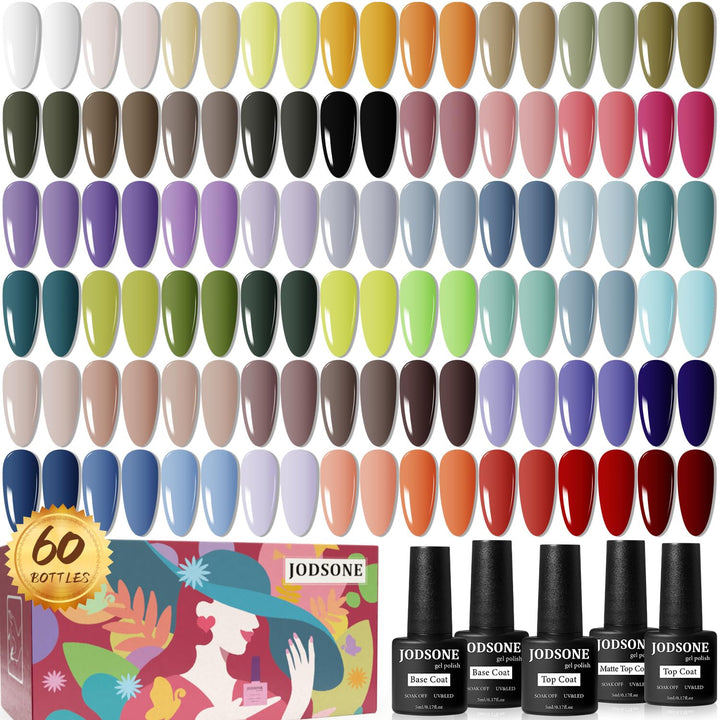 60 PCS Gel Nail Polish Set with 5 Bottles of Base and Glossy Matte Top Coat Soak off Gel Nail Set Suitable for All Seasons Gifts