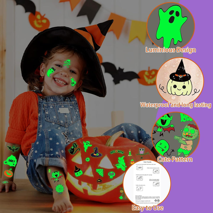 145 Styles Halloween Tattoos for Kids, 12PCS Halloween Luminous Tattoos, Glow in Dark Ghosts Pumpkin Fake Temporary Tattoos Stickers Bulk for Trick or Treat Party Decorations Accessories Supplies