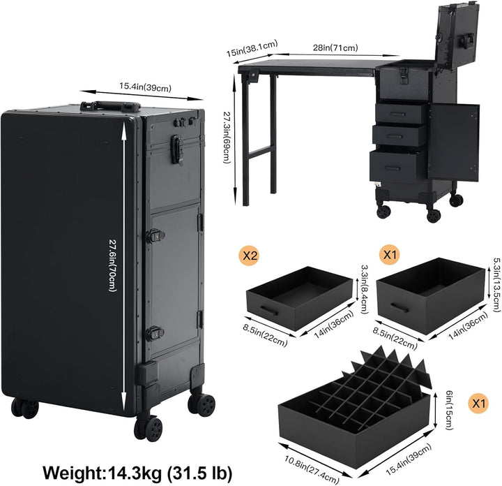 Rolling Portable Manicure Table with 3 Drawers, Lockable Makeup Train Case with Mirror & Nail Polish Organizer, Foldable Nail Desk with Wheels & Handle for Mobile Nail Techs & Salon Use, Black