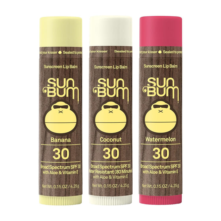 SPF 30 Sunscreen Lip Balm 3 Flavor Variety Pack - Coconut, Banana, Watermelon - Moisturizing Aloe Vera and Vitamin E - Vegan and Cruelty Free - UVA/UVB Lip Protection - 0.15 Oz, 3 Count