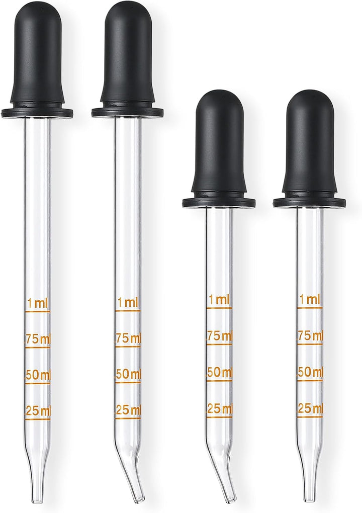4 Pack, 1 Ml Glass Eye Dropper with Measurement - Long & Short, Bent & Straight Tip Calibrated Glass Medicine Droppers, Accurate Dose Pipette Dropper for Essential Oils, Feeding, Ear, Lab, Health Care