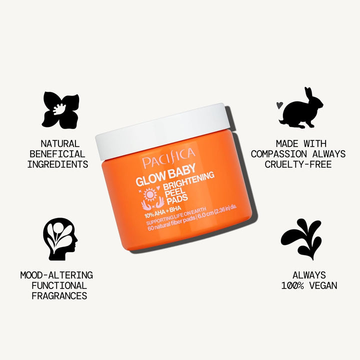 Glow Baby Brightening Peel Pads 10% AHA + BHA Exfoliating Face Pads for Glowing Skin Resurfacing Glycolic Acid & Salicylic Acid Pad to Smooth Texture & Minimize Pores Fragrance Free 60 Count
