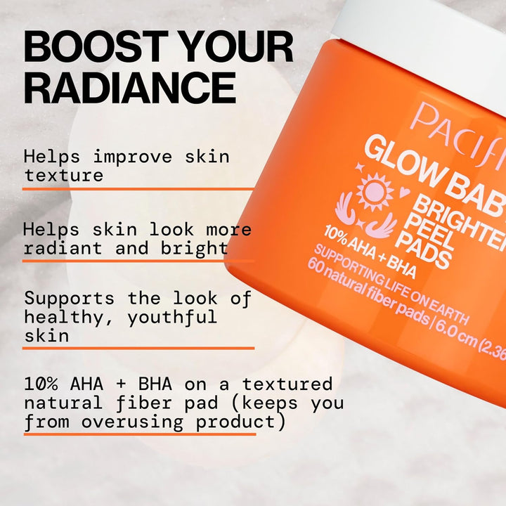 Glow Baby Brightening Peel Pads 10% AHA + BHA Exfoliating Face Pads for Glowing Skin Resurfacing Glycolic Acid & Salicylic Acid Pad to Smooth Texture & Minimize Pores Fragrance Free 60 Count