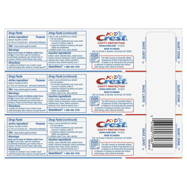 Kid'S Cavity Protection Toothpaste,  Kids Toothpaste, for Children and Toddlers 2+, Sparkle Fun, 4.6 Oz (Pack of 3), Toothpaste for Kids, Packaging May Vary