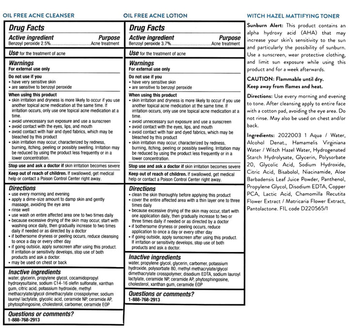 Acne Free 3 Step 24 Hour Acne Treatment Kit - Clearing System W Oil Free Acne Cleanser, Witch Hazel Toner, & Oil Free Acne Lotion - Acne Solution W/ Benzoyl Peroxide for Teens and Adults - Original