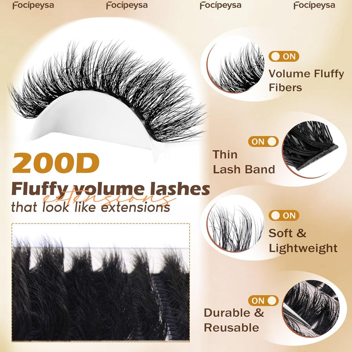 Lash Extension Kit Thick Eyelash Extension Kit 10-18Mm Fluffy Lash Clusters 200D Individual Eyelashes Kit with Lash Bond, Lash Remover, Lash Applicator, DIY Lashes Extension