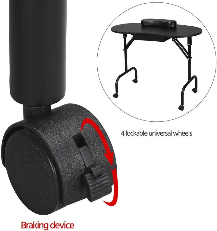 37-Inch Portable & Foldable Manicure Table Nail Desk Workstation with Large Drawer/Client Wrist Pad/Controllable Wheels/Carrying Case for Spa Beauty Salon Black