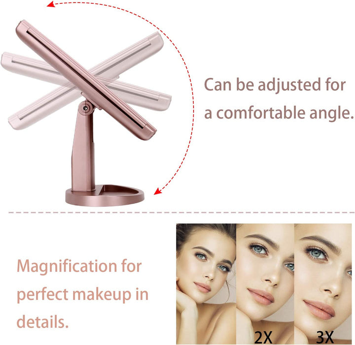 Dresser Mount Tri-Fold Lighted Vanity Mirror with 21 LED Lights, Touch Screen and 3X/2X/1X Magnification, Two Power Supply Modes Make up Mirror,Travel Mirror