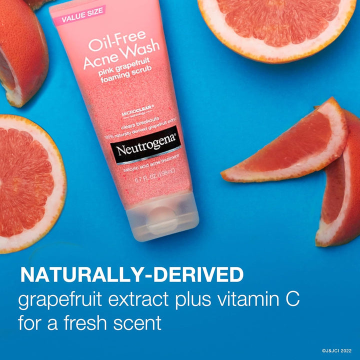 Oil Free Pink Grapefruit Acne Face Wash with Vitamin C, 2% Salicylic Acid Acne Treatment, Gentle Foaming Vitamin C Facial Scrub to Treat & Prevent Breakouts, 6.7 Fl. Oz