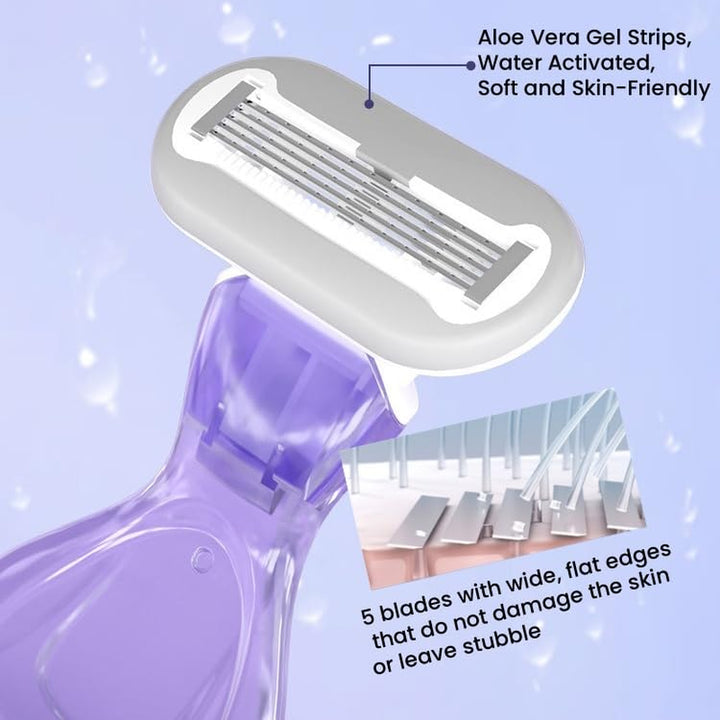 Women'S Manual Short-Handle Razor, Leg and Underarm Hair Shaver, Travel Razor, Five-Blade for Faster and Cleaner Shaving Experience, Reusable (Purple), Small
