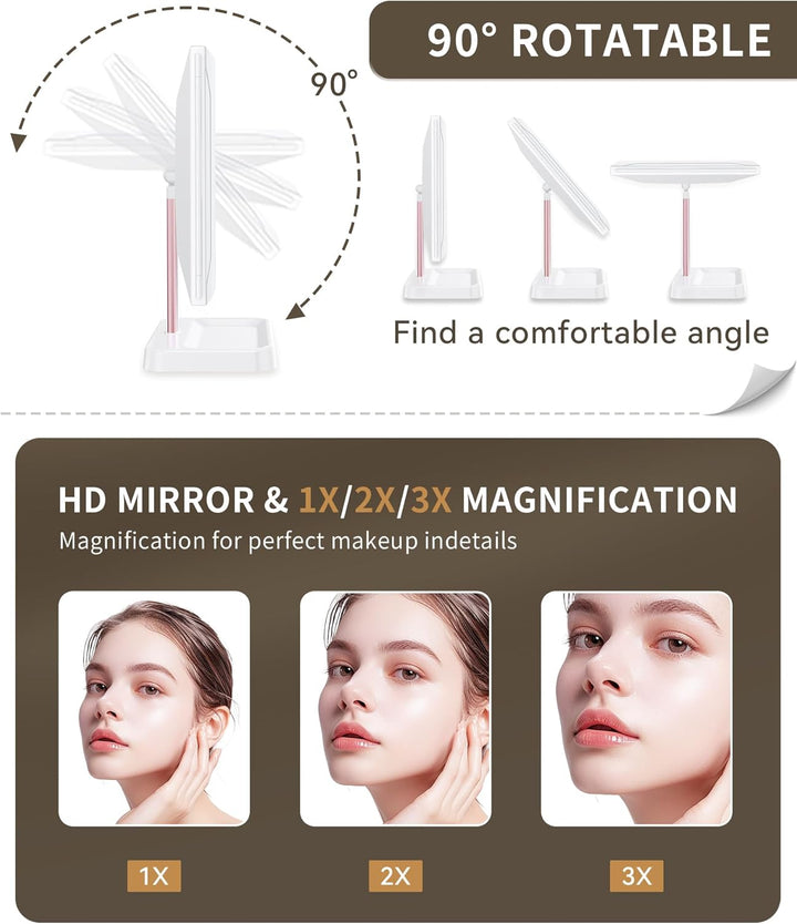 For Mom Makeup Mirror Vanity Mirror with Lights, 14.4" L X 9.1" W Rechargeable Lighted Mirror with 1X 2X, 3X, Magnification, Tap to Glow