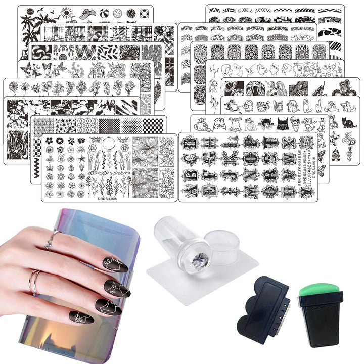 21 Pcs Nail Stamp Plates Set 16 Plate 2Stamper and 2 Scraper 1Storage Bag Nails Art Stamping Plate Scraper Stamper Set Leaves Flowers Animal Nail Plate Template Image Plate Set