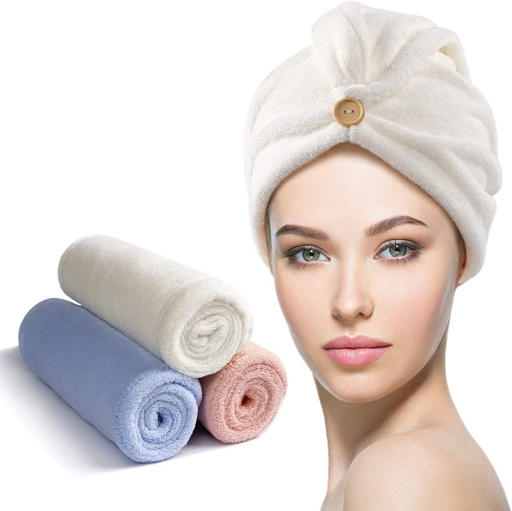3 Pack Hair Drying Towels, Hair Towel with Button, Super Absorbent Microfiber Hair Towel for Curly Hair, Fast Drying Hair Wraps for Women Girls, Microfiber Towel for Hair