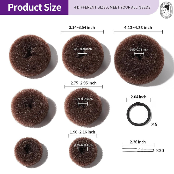 Donut Hair Bun Maker Set - 7 Rings (1 Extra-Large, 2 Large, 2 Medium, 2 Small), 5 Elastic Bands, 20 Hair Pins, Dark Brown