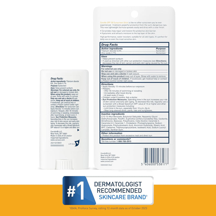 Mineral Sunscreen Stick SPF 50, Broad Spectrum SPF + Hyaluronic Acid + Ceramides, Titanium Dioxide & Zinc Oxide, 100% Mineral Face Sunscreen Stick, Fragrance Free & Oil Free