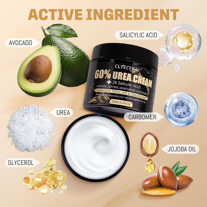 60% Urea Cream with 2% Salicylic Acid, Urea Cream 60 Percent for Feet & Hands- Maximum Strength Moisturizer for Rough, Dry, Thick & Cracked Skin, Callus Remover, Deep Hydration, 150G
