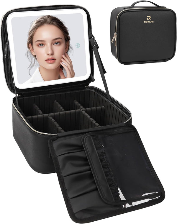 Makeup Bag with Light up Mirror, Makeup Case Travel Cosmetic Bags Brush Organizer Storage Box, Rechargeable Vanity Mirror with 3 Color Lights, High Frame Mirror Protection (Black)