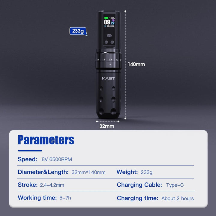 Mast Fold2 Pro Tattoo Gun, Wireless Rotary Tattoo Pen Machine, Real 7 Strokes Length, 2 Batteries 2,000Mah Power Supply Extra Battery, Mcore Tattoo Motor P-076