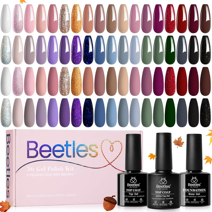 Beetles Gel Nail Polish Kit, 23Pcs Fall Nude Pink Brown Burgundy Red Gel Polish Set with Base Top Coat Verse of Roses Kit, Soak off Uv Gel Golden Glitter Holiday Nail for Women