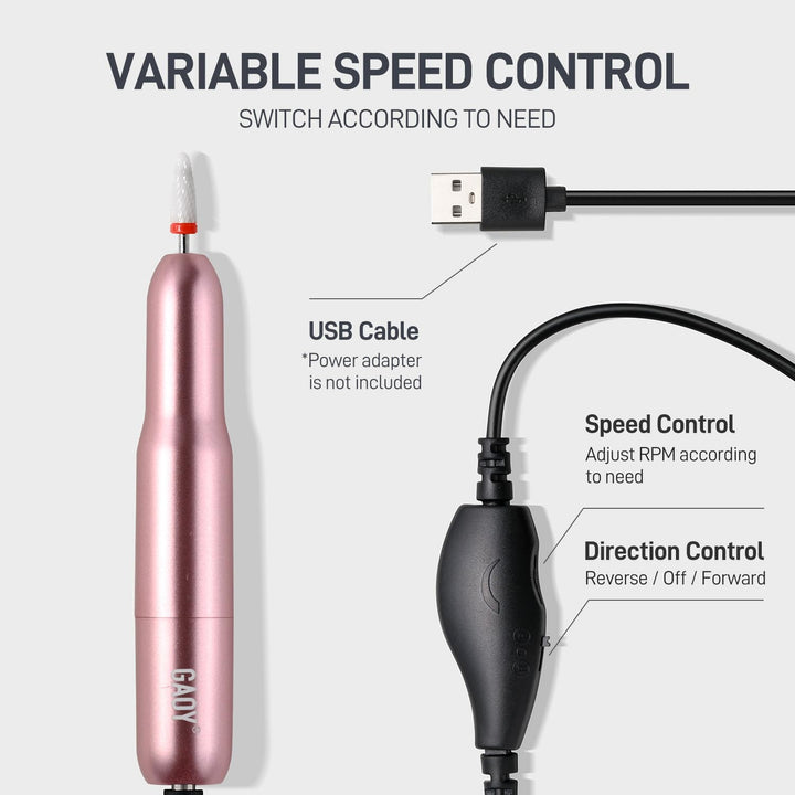 Electric Nail Drill for Acrylic and Gel, USB Electric Nail File, Portable Efile with Drill Bits, Manicure Pedicure Tools for Home Salon, Pink